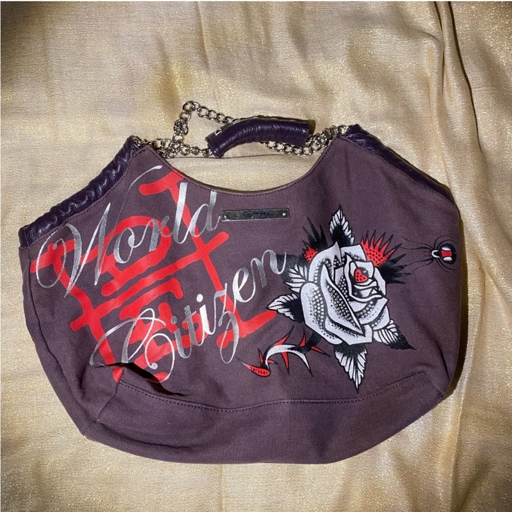vintage ed hardy graphic canvas tote bag with chain straps - Picture 2 of 4